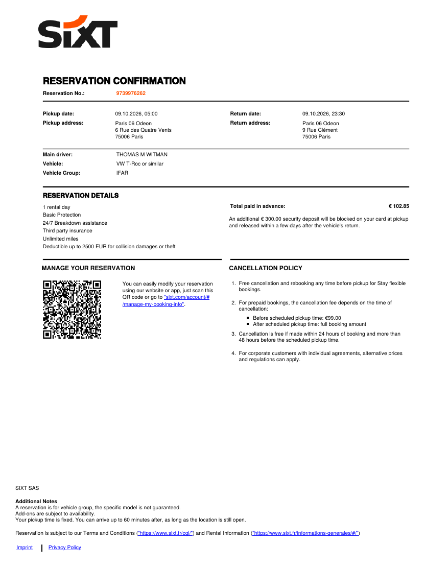 SIXT reservation confirmation 9739976262: pickup 9 October 2026 05:00 at Paris 06 Odéon, 6 rue des Quatre Vents; return 23:30 at 9 rue Clément; main driver Thomas M Witman; VW T-Roc or similar; €102.85 paid in advance; €300 deposit